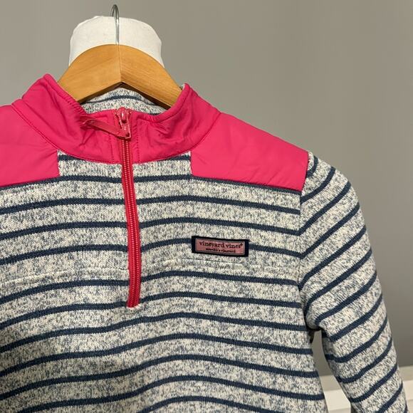 Vineyard Vines Martha's Vineyard Heather Blue Stripe / Pink Quarter Zip Pullover - Picture 3 of 9